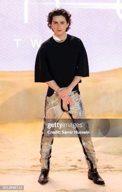 Timothee Chalamet attends the World Premiere of "Dune: Part Two" in London's Leicester Square on February 15, 2024 in London, England.