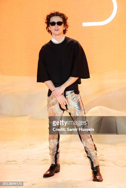 Timothee Chalamet attends the World Premiere of "Dune: Part Two" in London's Leicester Square on February 15, 2024 in London, England.