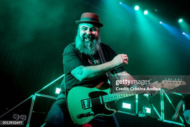 Hector Garcia, guitarist of Rayden, performs in concert at the Sala Capitol on February 15, 2024 in Santiago de Compostela, Spain.