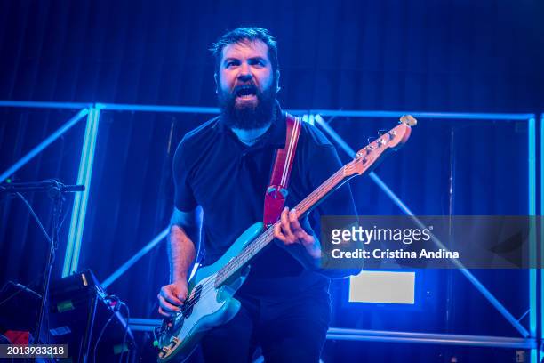 Johnny Sanchez, bassist of Rayden, performs in concert at the Sala Capitol on February 15, 2024 in Santiago de Compostela, Spain.