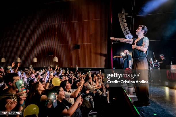 Singers Mediyama and David Martinez Alvarez, better known as Rayden, perform in concert at the Sala Capitol on February 15, 2024 in Santiago de...