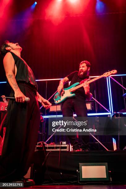 Singer David Martinez Alvarez, better known as Rayden, and Johnny Sanchez, perform in concert at the Sala Capitol on February 15, 2024 in Santiago de...