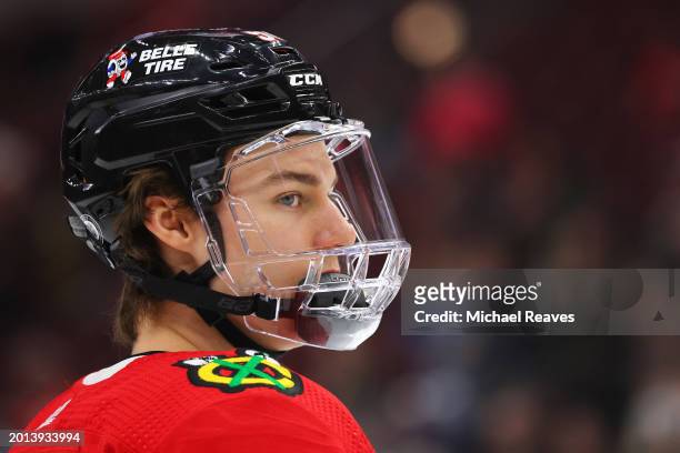 Connor Bedard of the Chicago Blackhawks warms up prior to the game against the Pittsburgh Penguins at the United Center on February 15, 2024 in...