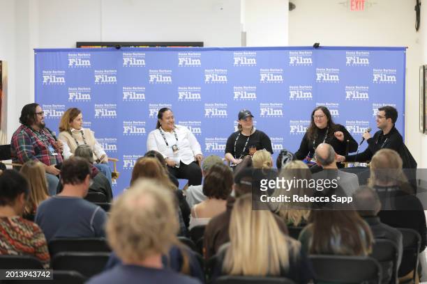 Moderator Ernie Quiroz, Camille Japy, Claudia Sanchez, Suvi West, Chloé Leriche, and Nays Baghai speak onstage at the Global Lens: Conversations with...