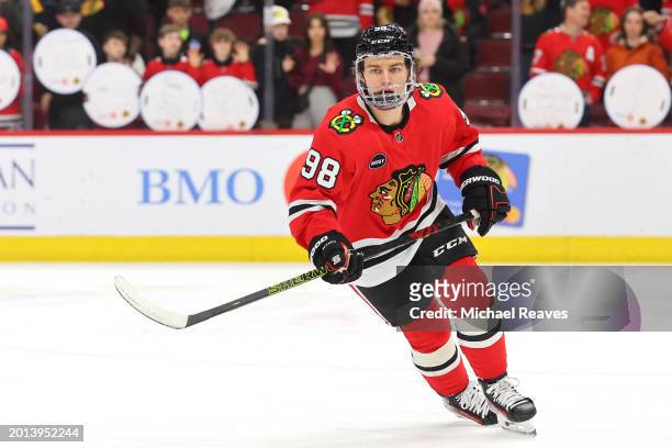 Connor Bedard of the Chicago Blackhawks warms up prior to the game against the Pittsburgh Penguins at the United Center on February 15, 2024 in...
