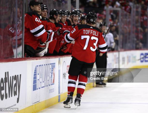 Tyler Toffoli of the New Jersey Devils celebrates his goal during the second period against the Los Angeles Kings at Prudential Center on February...