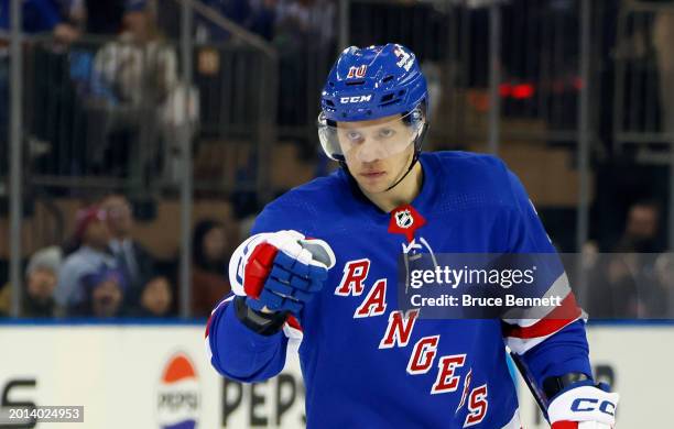 Artemi Panarin of the New York Rangers celebrates a second period goal by Chris Kreider against the Montreal Canadiens at Madison Square Garden on...