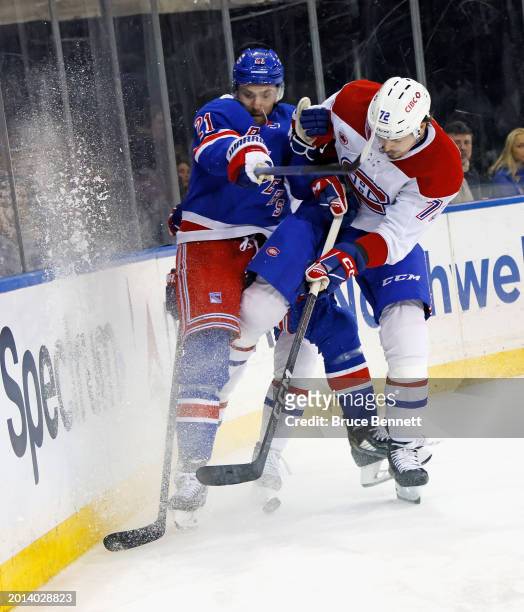 Arber Xhekaj of the Montreal Canadiens steps into Barclay Goodrow of the New York Rangers during the second period at Madison Square Garden on...