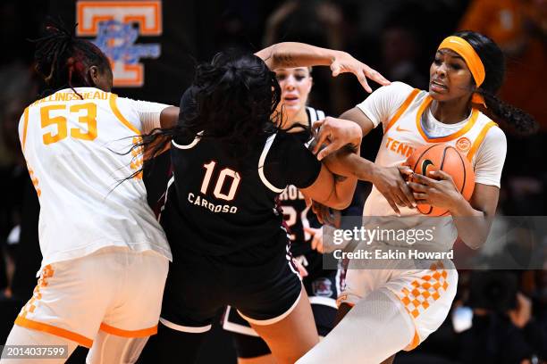 Rickea Jackson of the Tennessee Lady Vols wrestles the ball away from Kamilla Cardoso of the South Carolina Gamecocks in the third quarter at...