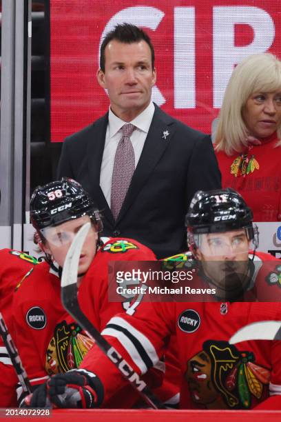 Head coach Luke Richardson of the Chicago Blackhawks looks on against the Pittsburgh Penguins during the first period at the United Center on...
