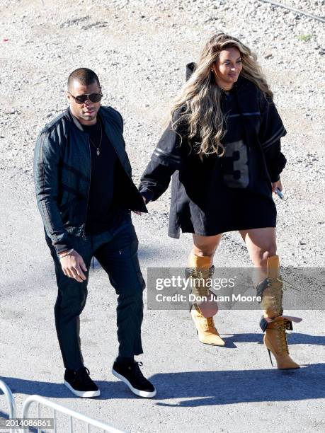 Quarterback Russell Wilson of the Denver Broncos and his wife R&B Singer Ciara arrive to Allegiant Stadium prior to the start of Super Bowl LVIII...