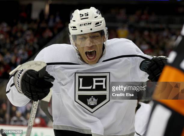Quinton Byfield of the Los Angeles Kings celebrates his game winning goal during the third period at Prudential Center on February 15, 2024 in...