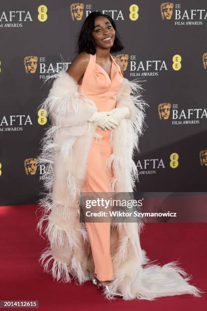 Ayo Edebiri attends the EE BAFTA Film Awards ceremony at The Royal Festival Hall in London, United Kingdom on February 18, 2024.