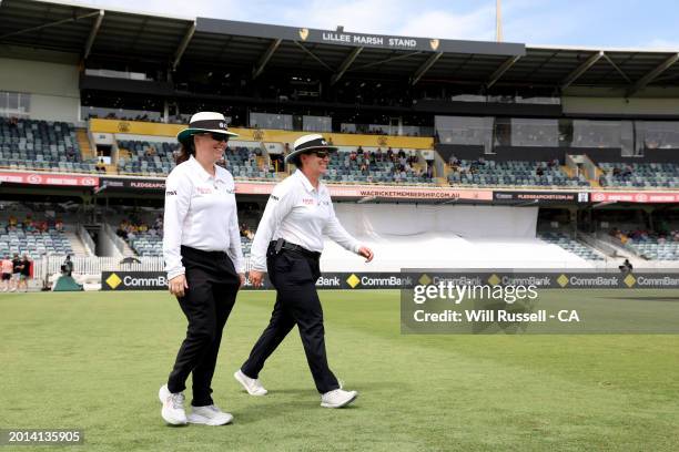 Umpires Claire Polosak and Eloise Sheridan walk out to officiate during day two of the Women's Test match between Australia and South Africa at WACA...