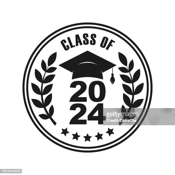 class of 2024 graduation greeting badge, rubber stamp, imprint, seal with mortarboard, laurel branches and stars - cut out vector icon - graduate tassel stock illustrations