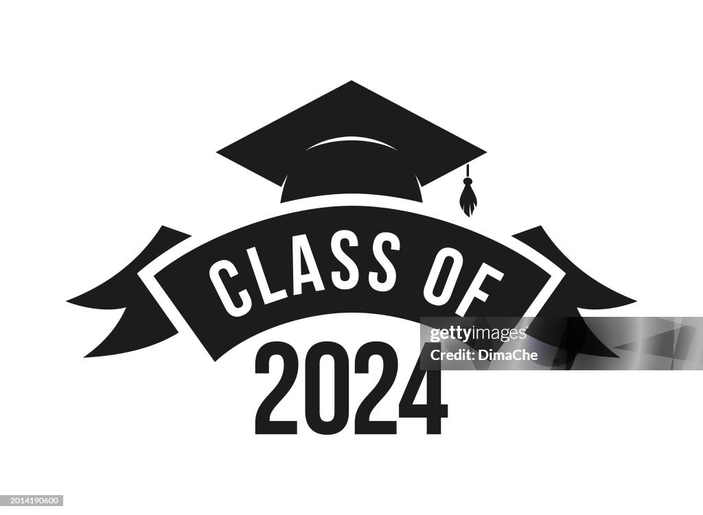 Class of 2024 Graduation Emblem, Ceremony Greeting Badge with Mortarboard and Ribbon - cut out vector icon