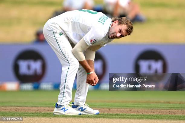 Ruan de Swardt of South Africa looks on during day four of the Men's Second Test in the series between New Zealand and South Africa at Seddon Park on...