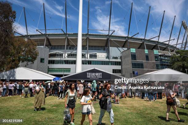 Taylor Swift fans also known as "Swifties" are seen arriving before she performs as part of her "Taylor Swift | The Eras Tour" at Melbourne Cricket...