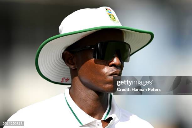 Tshepo Moreki of South Africa looks on during day four of the Men's Second Test in the series between New Zealand and South Africa at Seddon Park on...