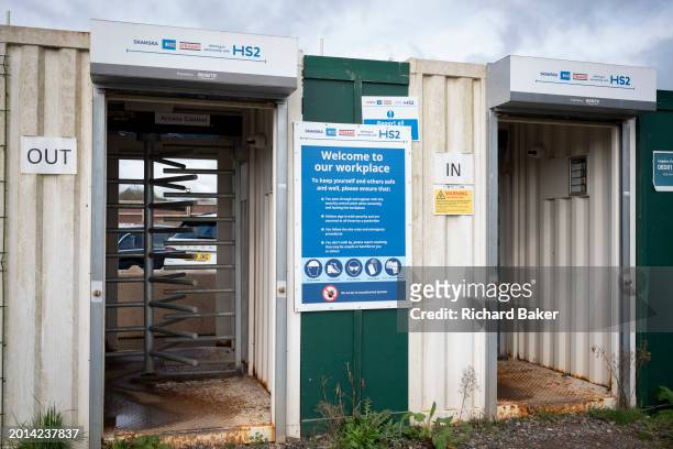 Works turnstile entrance for staff working on the HS2 rail link project near Ickenham, on 18th February 2024, in London, England.