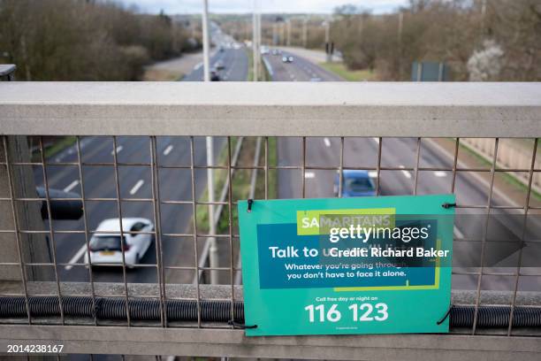 Sign for the Samaritans is located on a road bridge overlooking the A40 near Hillingdon, on 18th February 2024, in London, England.