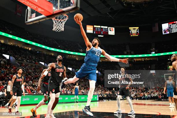 Karl-Anthony Towns of the Minnesota Timberwolves shoots during the second quarter of the game \H at the Moda Center on February 15, 2024 in Portland,...