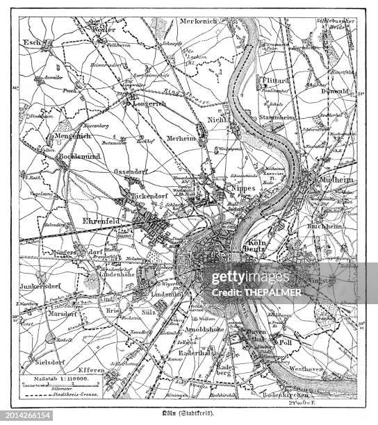 map of cologne, germany engraving  from brockhaus' conversations-lexikon 1898 - lexikon stock illustrations