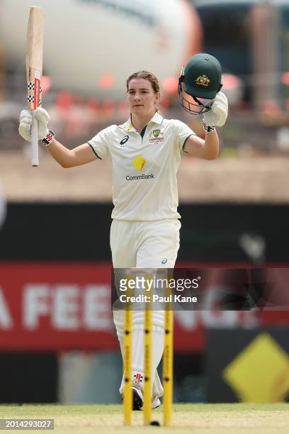 Annabel Sutherland of Australia celebrates her century during day two of the Women's Test match between Australia and South Africa at the WACA on...