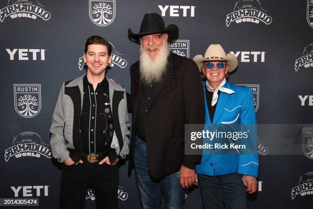 William Beckmann, Ray Benson, and Gary P. Nunn celebrate the re-launch of Armadillo World at the Austin FC jersey launch party at ACL Live on...