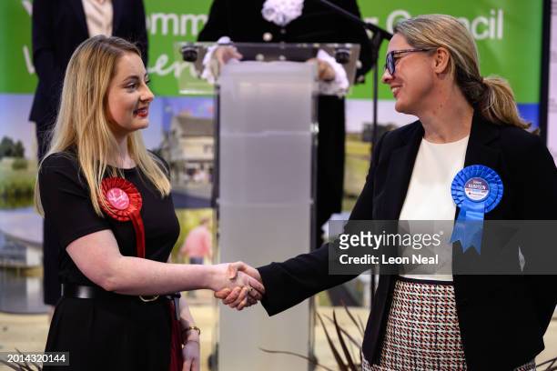 Labour Party candidate Gen Kitchen shakes hands with Conservative Party candidate Helen Harrison after being declared the winner in the...