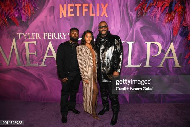 Trevante Rhodes, Kelly Rowland, and Tyler Perry attends Tyler Perry's Mea Culpa Premiere at The Paris Theatre on February 15, 2024 in New York City.