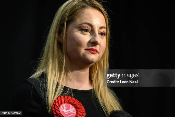 Labour Party candidate Gen Kitchen is interviewed after being declared the winner in the Wellingborough by-election at the count centre in Kettering...