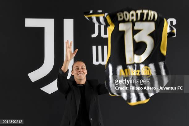 Lisa Boattin poses at Juventus Center Vinovo on February 16, 2024 in Vinovo, Italy.