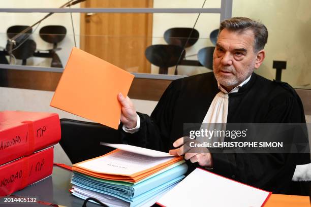 French lawyer of the defendant Franck Berton arrives prior to the start of a trial for murder at the Vaucluse's Assizes Court in Avignon on February...