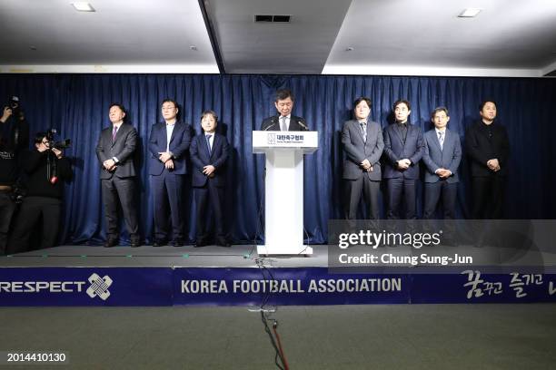President of the Korea Football Association Chung Mong-gyu speaks during a press briefing following a meeting on February 16, 2024 in Seoul, South...