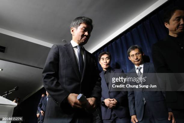 President of the Korea Football Association Chung Mong-gyu leaves after a press briefing following a meeting on February 16, 2024 in Seoul, South...