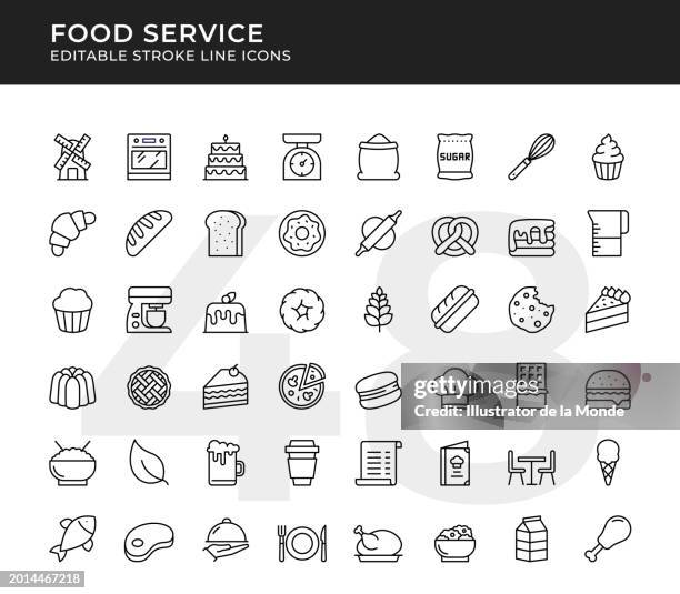 bäckerei, restaurant bearbeitbare liniensymbole - kantine stock-grafiken, -clipart, -cartoons und -symbole