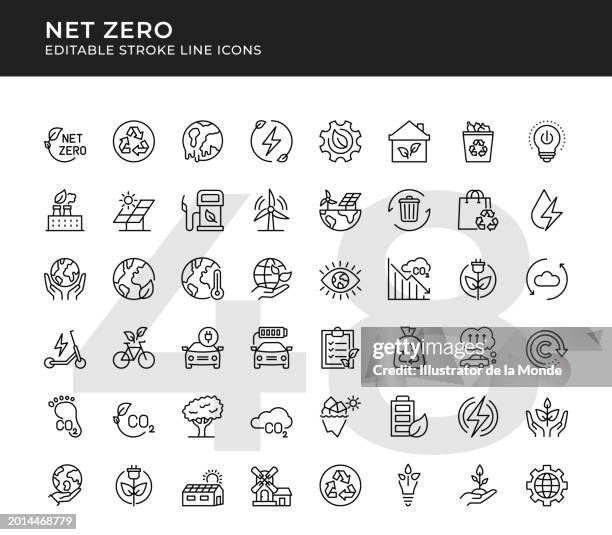 net zero editable line icons - emission reduction stock illustrations