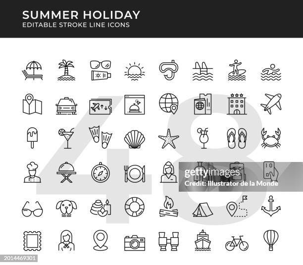 bildbanksillustrationer, clip art samt tecknat material och ikoner med summer holiday editable line icons - map monde vector