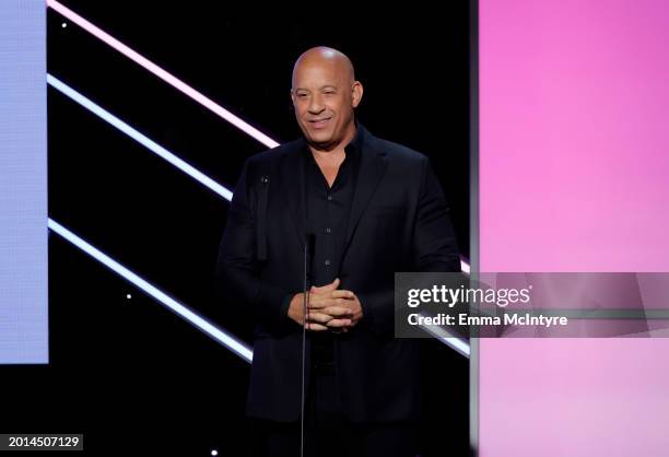 Vin Diesel speaks onstage during the 37th Annual American Cinematheque Awards at The Beverly Hilton on February 15, 2024 in Beverly Hills, California.