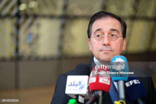 Spanish Minister of Foreign Affairs, European Union and Cooperation Jose Manuel Albares Bueno is talking to media prior an EU Foreign affairs...