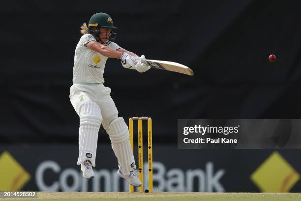 Sophie Molineux of Australia bats during day two of the Women's Test match between Australia and South Africa at the WACA on February 16, 2024 in...