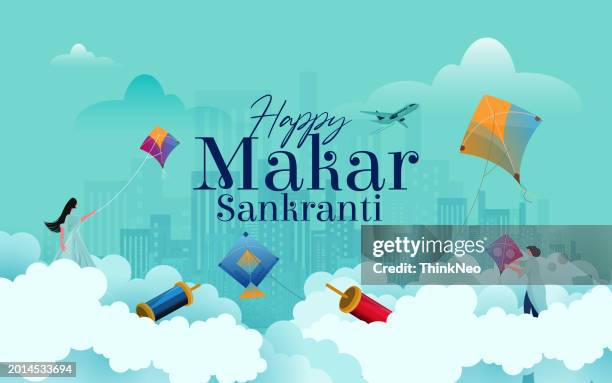 ilustraciones, imágenes clip art, dibujos animados e iconos de stock de makar sankranti. fondo de vacaciones con cometas voladoras de diferentes formas y colores. - solsticio-de-invierno