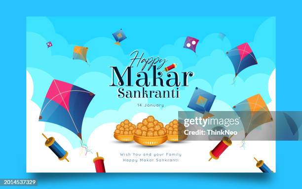 happy makar sankranti holiday background with kites - makar sankranti stock illustrations