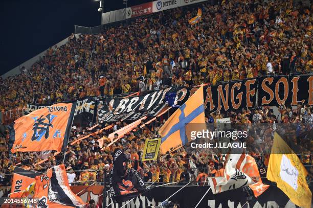 Shimizu S-Pulse fans show their support prior to the J.League J1 match between Omiya Ardija and Shimizu S-Pulse at NACK5 Stadium Omiya on September...