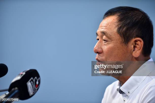 Head coach Shinji Kobayashi of Shimizu S-Pulse speaks at the post match press conference after the J.League J1 match between Omiya Ardija and Shimizu...