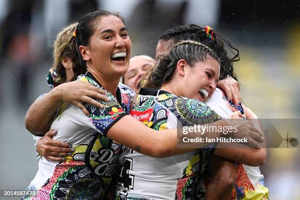 Kimberley Hunt of the Indigenous All-Stars celebrates with her team mates after scoring a try during the NRL All-Stars match between Women's...