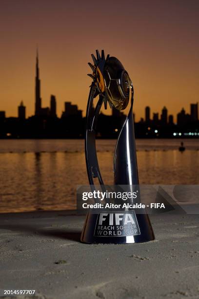 The official adidas match ball Conex24 and the FIFA Beach Soccer World Cup UAE 2024 Trophy is captured prior to the FIFA Beach Soccer World Cup UAE...