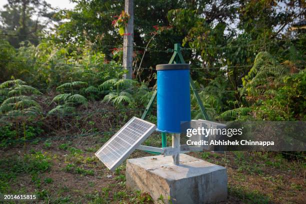 Government meteorological department rain gauge to gather rainfall data is seen at a weather station on January 20, 2024 in Mallikarjun village,...