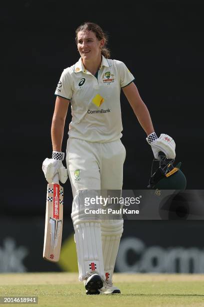 Annabel Sutherland of Australia walks from the field at 202 not out at the tea break during day two of the Women's Test match between Australia and...